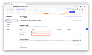 Stripe Developers API keys page